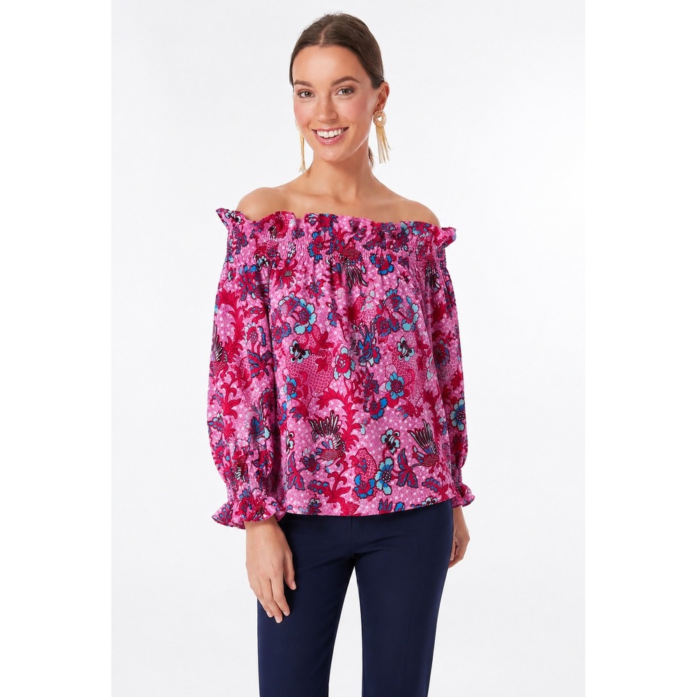 Tuckernuck Pink Floral Off the Shoulder Smocked Blouse Large Boho Preppy coastal